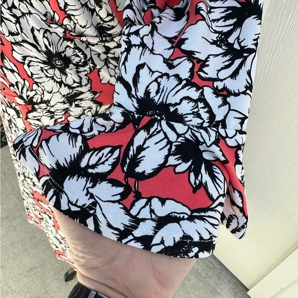 Leota XL Floral Faux Wrap Midi Dress Red Dark Pink White Stretch Jersey V-Neck - Picture 5 of 9